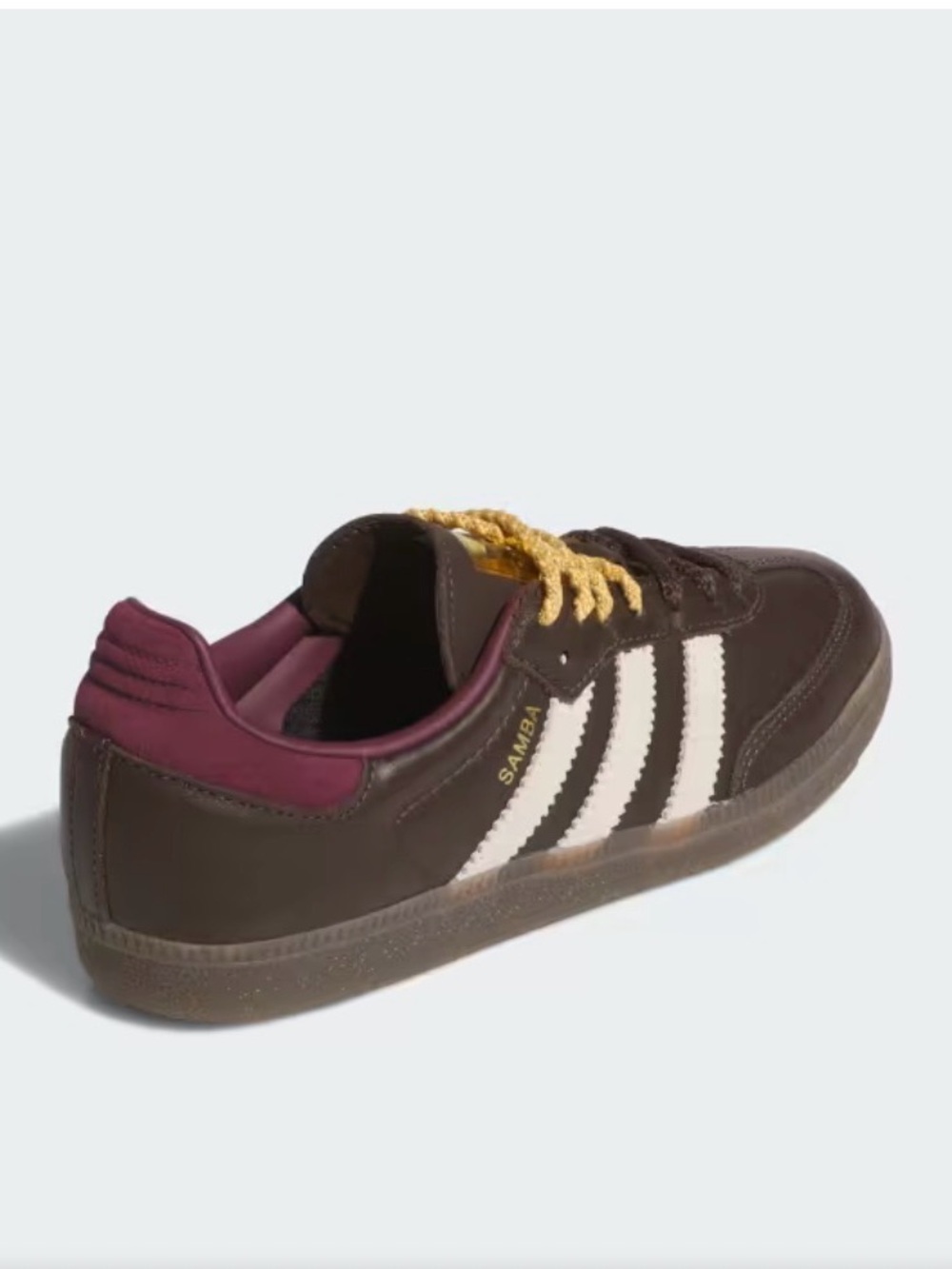 adidas OG Samba Brown Leather cream stripes, maroon heel and fashion laces.